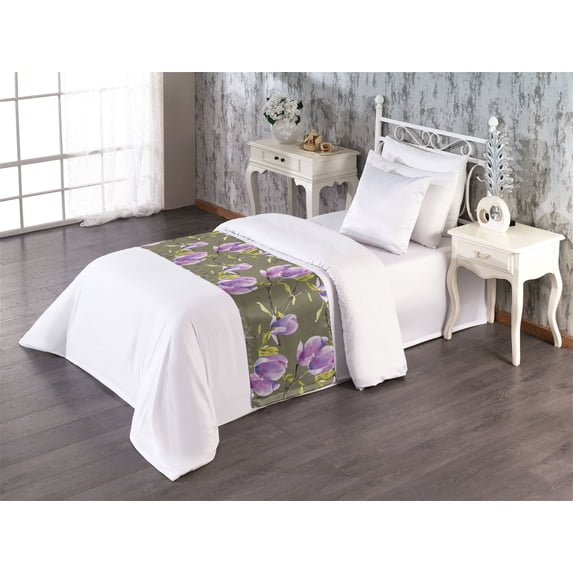 Magnolia Pattern Bed Runner, Simple Design Watercolor Style Floral Boho with Leafy Branches, Decorative Accent Bedding Scarf for Hotels Homes & Guest Rooms, Twin, Olive Green Lavender, by Ambesonne
