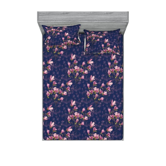 Magnolia Pattern Fitted Sheet & Pillow Sham Set, Dreamy Colors Watercolor Blooming Flowers on Purplish Tone Back, Decorative Printed 3 Piece Bedding Decor, King, Quartz Pastel Pink, by Ambesonne