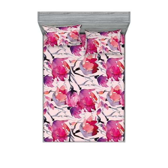Magnolia Pattern Fitted Sheet & Pillow Sham Set, Watercolor Flowers Vintage with Reduncles of Spring Print, Decorative Printed 3 Piece Bedding Decor, Full, Hot Pink Pale Pink Mauve, by Ambesonne