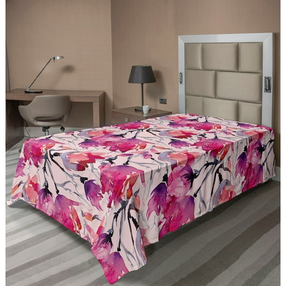 Magnolia Pattern Flat Sheet, Watercolor Flowers Vintage with Reduncles of Spring Print, Soft Comfortable Top Sheet Decorative Bedding 1 Piece, TwinXL Size, Hot Pink Pale Pink Mauve, by Ambesonne