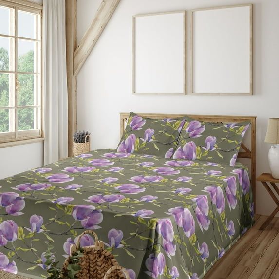 Ambesonne Magnolia Pattern Fitted & Flat Sheet with Sham 3 Pcs Set, Simple Floral Leaf, Twin, Olive Green Lavender