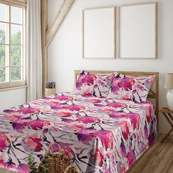 Ambesonne Magnolia Pattern Fitted & Flat Sheet with Sham 3 Pcs Set, Reduncles Floral, Twin, Hot Pink Pale Pink Mauve