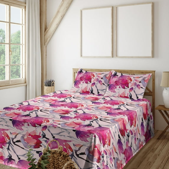 Ambesonne Magnolia Pattern Fitted & Flat Sheet with Shams 4 Pcs Set, Reduncles Floral, Calking, Hot Pink Pale Pink Mauve