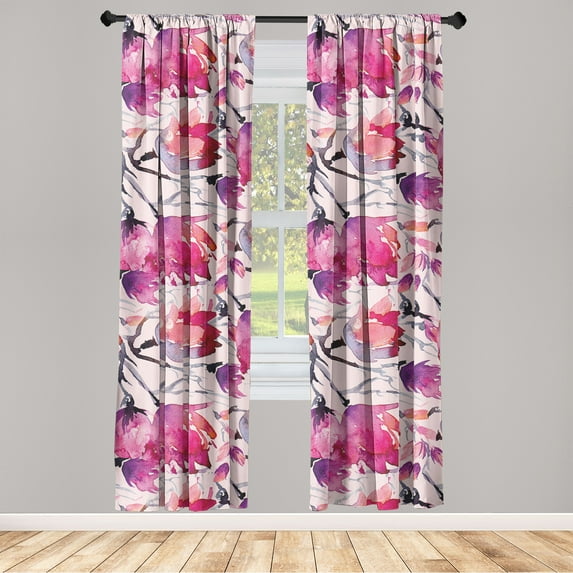 Magnolia Pattern Window Curtains, Watercolor Flowers Vintage with Reduncles of Spring Print, Lightweight Decor 2-Panel Set with Rod Pocket, Pair of - 28"x63", Hot Pink Pale Pink Mauve, by Ambesonne