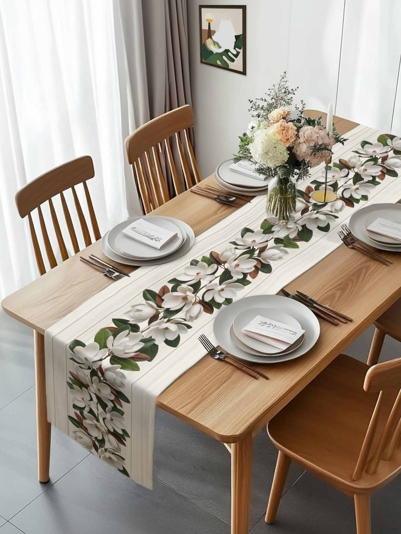 Magnolia Plant Flower Table Runner 90 Inches Long, Farm Vintage Wood Grain Table Runners Tabletop Scarf Kitchen Dining Tables Decoration for Home Party Indoor Outdoor