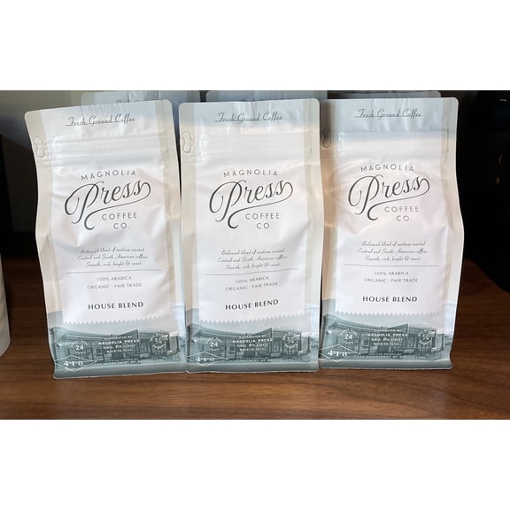 Magnolia Press Coffee Co. House Blend Organic Fair Trade Arabica Coffee.  3/4 lb per bag.  3 pack bundle