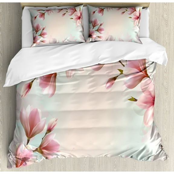 Magnolia Queen Size Duvet Cover Set, Double Exposure Effect Fragile Pink Petals and Sprouting Branches, Decorative 3 Piece Bedding Set with 2 Pillow Shams, Dark Coral and Pale Pink, by Ambesonne