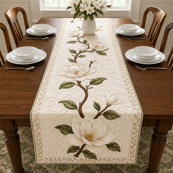 Magnolia Quilted Table Runner, Southern Floral Kitchen Decor, Elegant Ivory Accent