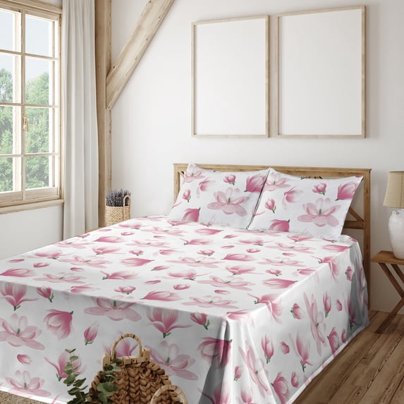 Ambesonne Magnolia Fitted & Flat Sheet with Shams 4 Pcs Set, Modern Flowers Simple Art, Calking, Magenta Pale Pink White