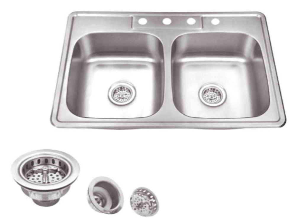 Magnolia Sinks Kitchen Sink Stainless Steel Drop In Top Mount 33" x 22", 4 hole (33 inch Drop-in Topmount 50/50 Double Bowl with Strainers) Self Rimming