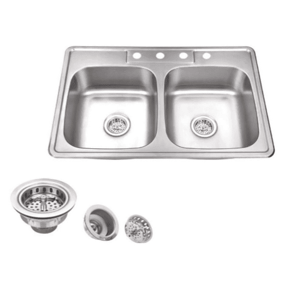 Magnolia Sinks Kitchen Sink Stainless Steel Drop In Top Mount 33" x 22", 4 hole (33 inch Drop-in Topmount 50/50 Double Bowl with Strainers) Self Rimming