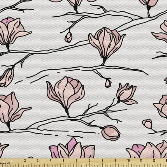 Magnolia Sofa Upholstery Fabric by the Yard, Simplistic Design of Linear Hand Drawn Blooming Flowers, Decorative Fabric for DIY & Home Accents, 1 Yard, Pale Peach Pale Pink by Ambesonne