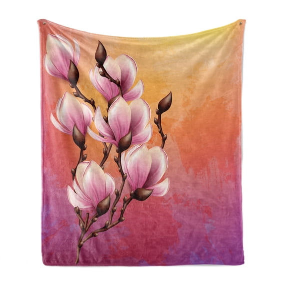 Magnolia Soft Flannel Fleece Blanket, 3D Inspired Realistic Design of Vintage Bouquet Pink Blossom Spring Revival Theme, Cozy Plush for Indoor and Outdoor Use, 70" x 90", Multicolor, by Ambesonne