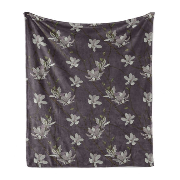 Magnolia Soft Flannel Fleece Blanket, Blossoming Tree Branches Revival of Spring Season Flourish Essence Growth, Cozy Plush for Indoor and Outdoor Use, 70" x 90", Eggplant Multicolor, by Ambesonne