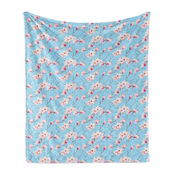 Magnolia Soft Flannel Fleece Throw Blanket, Spring Season Flourishing Branches Tranquil Idyllic Delicate Nature, Cozy Plush for Indoor and Outdoor Use, 70" x 90", Blue Pink and Magenta, by Ambesonne