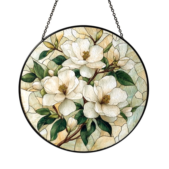Magnolia Stained Glass Panel, Elegant White Flowers for Window Decor, Classic Botanical Art, Perfect Gift for Mom or Garden Lovers