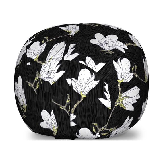 Magnolia Storage Toy Bag Chair, Hand Drawn Countryside Flowers Blossoming Nature on Dark Background, Stuffed Animal Organizer Washable Bag, Large Size, Green Black and White, by Ambesonne