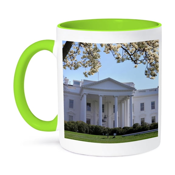 3dRose, Magnolia trees in bloom at the White House, Washington DC, USA, 11oz Two-Tone Green Mug