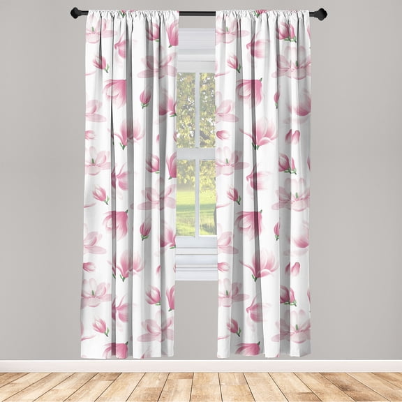 Magnolia Window Curtains, Modern Simple Design Flowers Boho with Leaves on Plain Backdrop Print, Lightweight Decor 2-Panel Set with Rod Pocket, Pair of - 28"x63", Magenta Pale Pink White, by Ambesonne