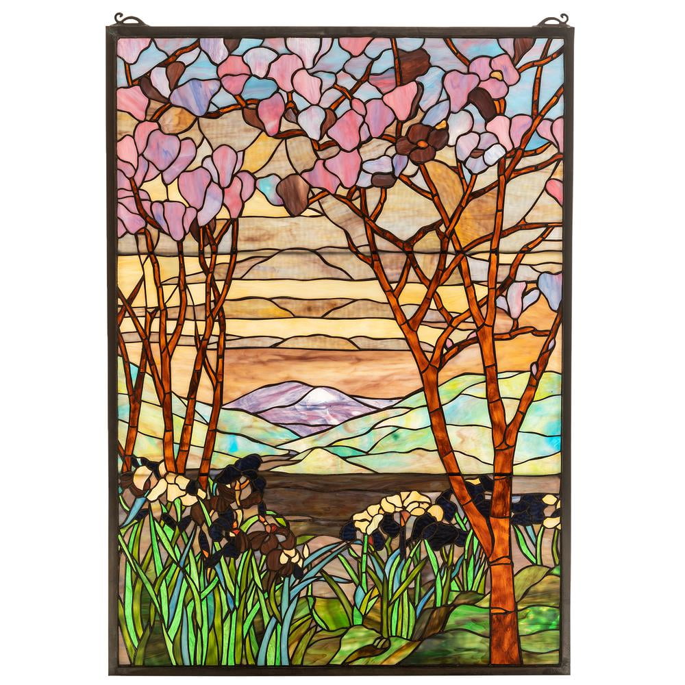 Victorian Magnolia and Iris Stained Glass Window with Brass Chain