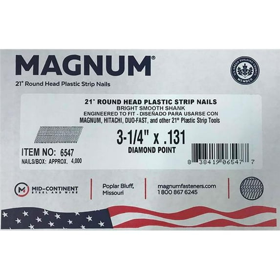 Magnum Fasteners 2846673 3.25 in. 21 deg Smooth Shank Angled Strip Nails, Bright - Pack of 4000