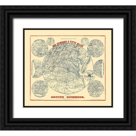 Magnus 17x15 Black Ornate Wood Framed with Double Matting Museum Art Print Titled - 150 Miles Around Richmond Virginia - Magnus 1864