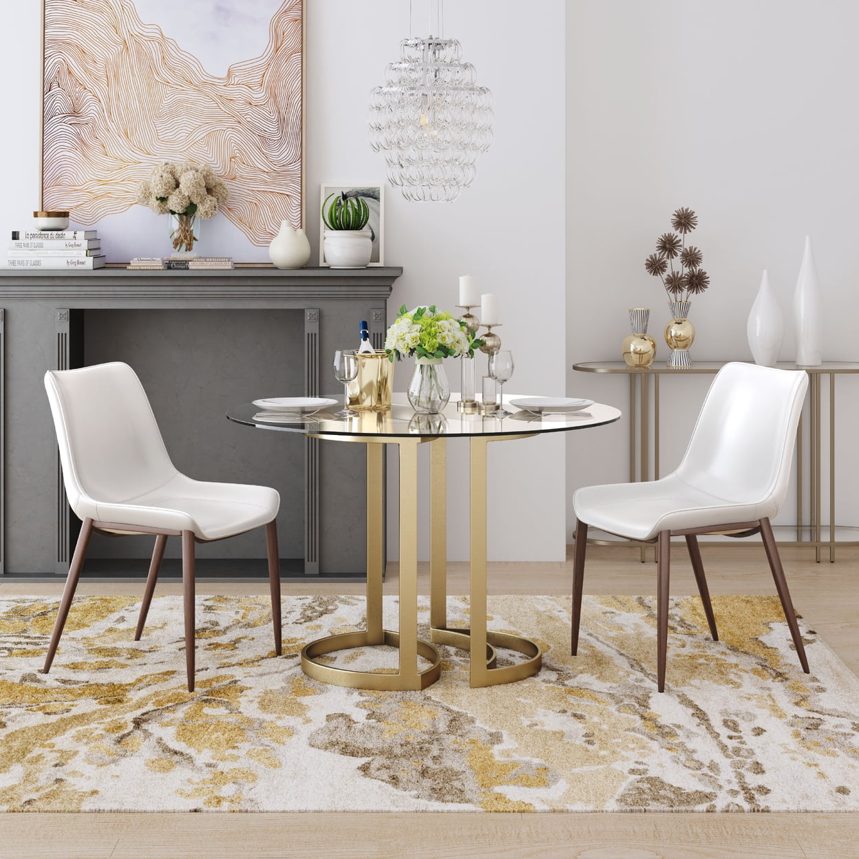 Magnus Transitional High Side Chair in White & Walnut with Metal Legs