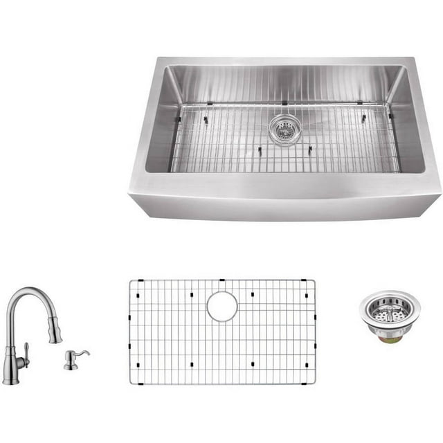 Magnus Sinks 36-in x 20-in 16 Gauge Stainless Steel Apron Front Single Bowl Kitchen Sink with Arc Kitchen Faucet