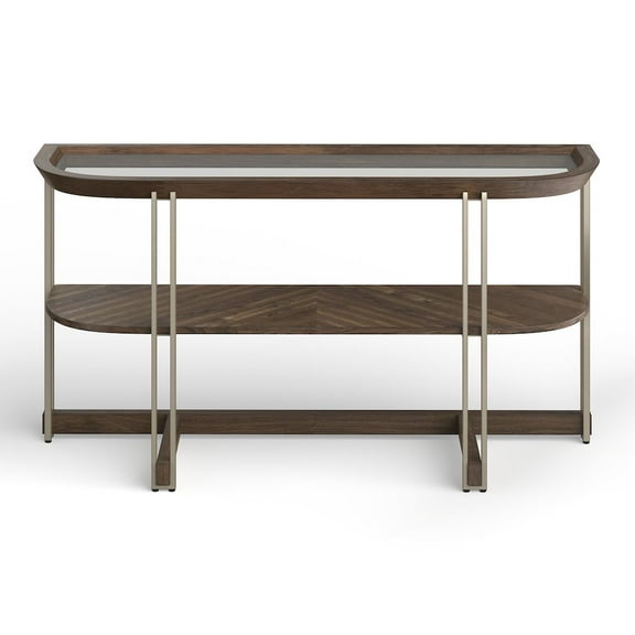 Magnussen Home Elora Walnut And Tarnished Silver And Clear Glass Demilune Sofa Table