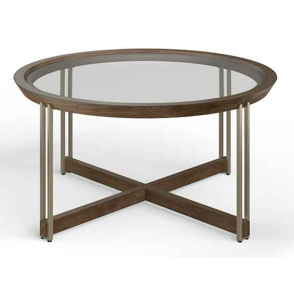 Magnussen Home Elora Walnut And Tarnished Silver And Clear Glass Round Cocktail Table