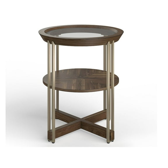 Magnussen Home Elora Walnut And Tarnished Silver And Clear Glass Round End Table