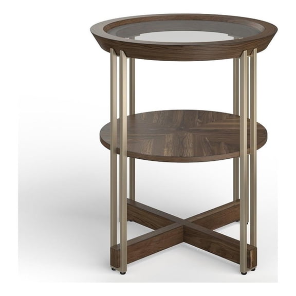 Magnussen Home Elora Walnut And Tarnished Silver And Clear Glass Round End Table