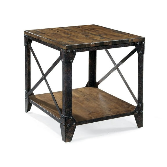 Magnussen Home Pinebrook Metal and Wood End Table in Distressed Pine