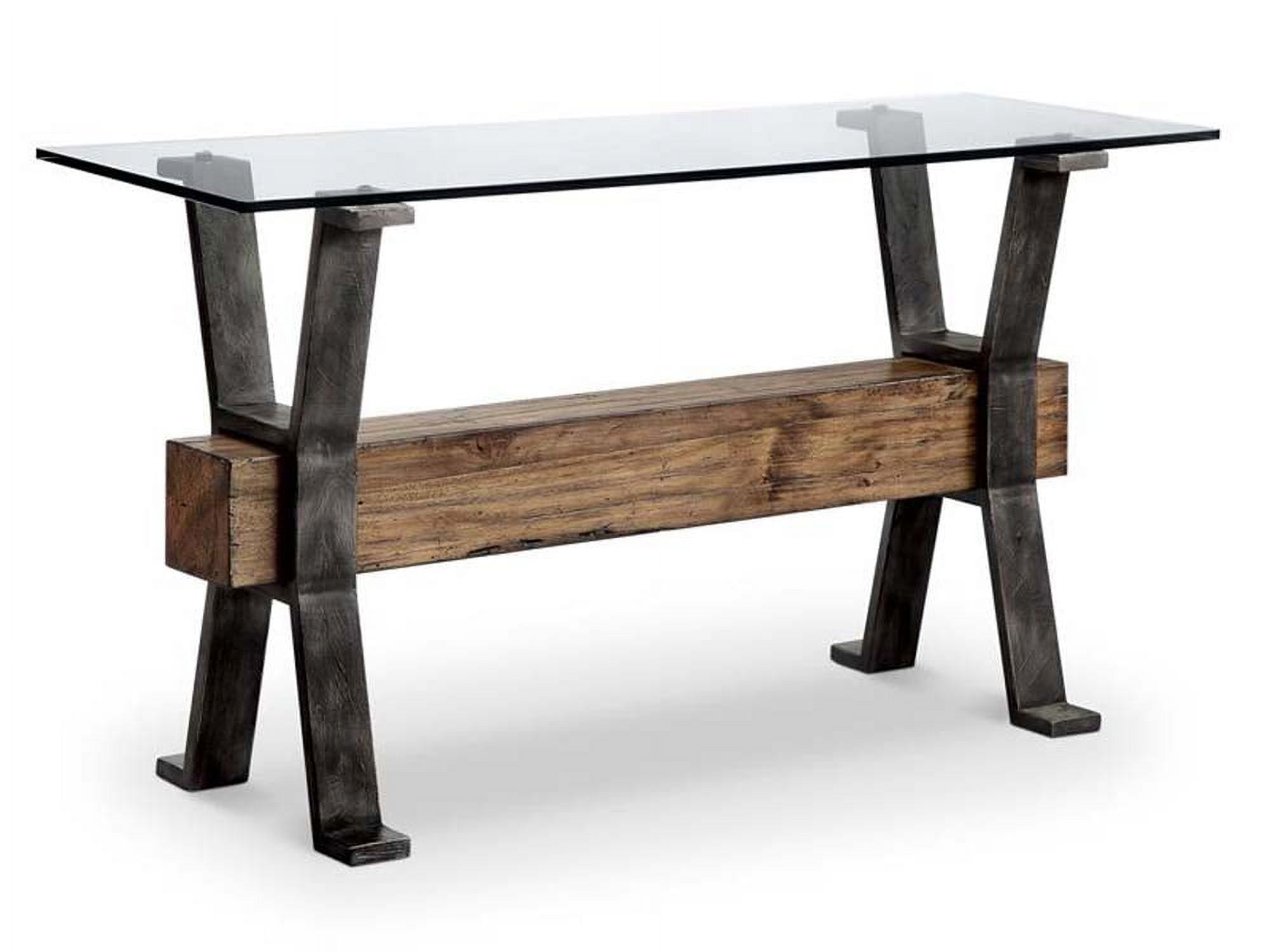 Industrial Brown Wood and Metal Rectangular Sofa Table with Glass Top
