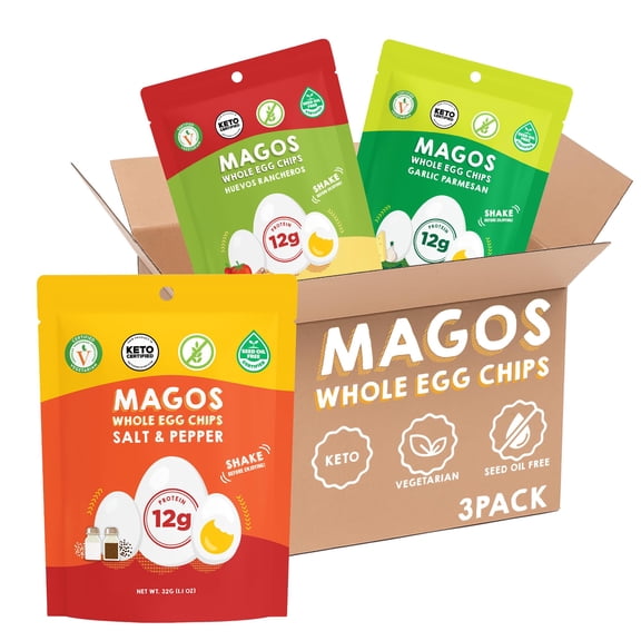 Magos Egg Chips Variety Pack Healthy Snack, High Protein Low Carb, Light Cracker-Style Crunch, 1.1 oz Bags Includes Garlic Parmesan, Salt & Pepper, Huevos Rancheros Keto, Vegetarian & Carnivore