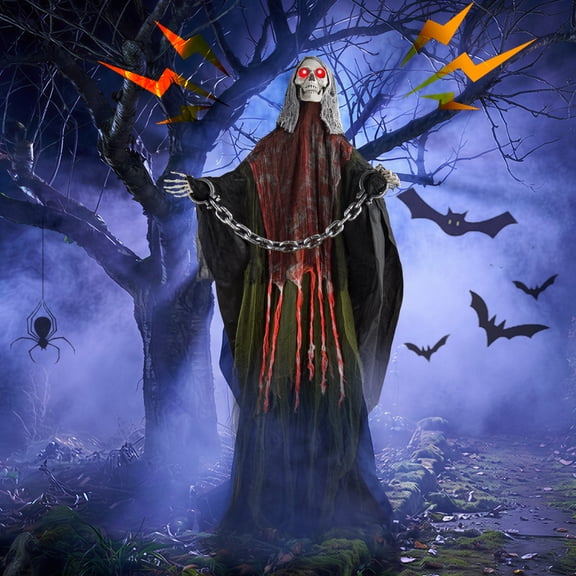 Magotan 6ft Halloween Outdoor Skeleton Ghost Decorations, Sound Controlled Swinging Scary Skeleton Ghost Halloween Decoration for Outdoor Garden Porch Yard Decor,Red