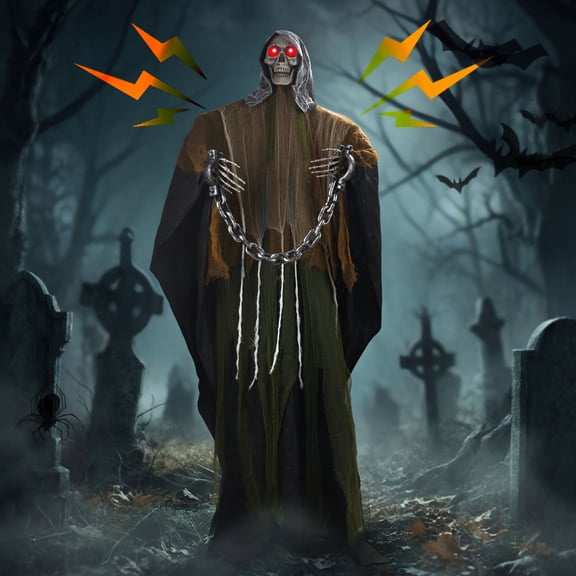Magotan 6ft Halloween Outdoor Skeleton Ghost Decorations, Sound Controlled Swinging Scary Skeleton Ghost Halloween Decoration for Outdoor Garden Porch Yard Decor,Green