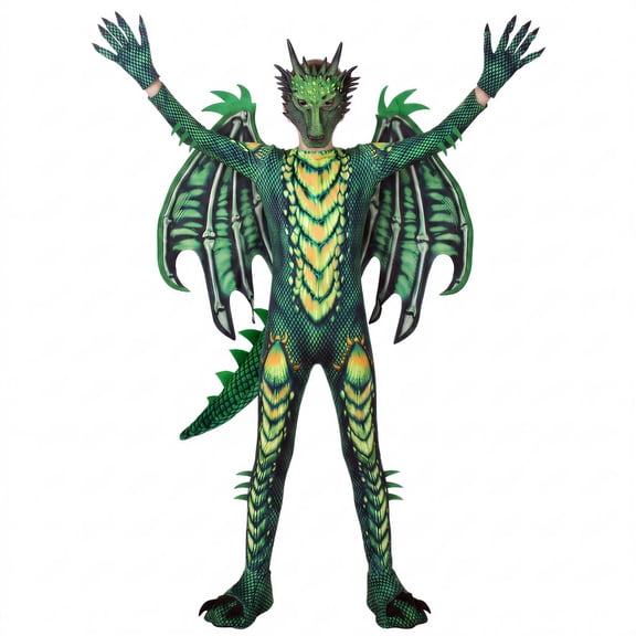 Magotan Halloween Kids Dragon Costume,Kids Halloween Dress Up,Halloween Funny Costume Cosplay Dragon Jumpsuit,Green,XL