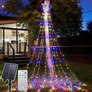 Magotan 12.5ft 350 LED Waterfall Christmas Lights Outdoor Decoration Twinkle Solar Christmas Tree String Lights with Top Star Xmas Holiday Garden Yard Decoration, Multicolor
