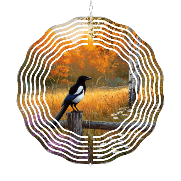 Magpie Bird Autumn Forest Wind Spinner Hanging Ornament, 1010 Inch Rotating Wind Chime with Hook, Birch Tree Nature Scenery Yard Patio Decor, Unique Gift for Bird Lovers, Friends, Famil