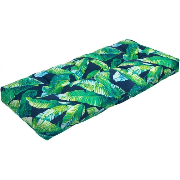 Magpie Fabrics Indoor Outdoor Bench Cushion 42"x18", Non-Slip Tufted Long Seat Pads, Patio Loveseat Cushion for Window, Garden, Swing, Settee - Green Lagoon Leaves