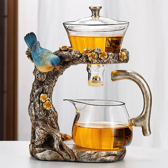 Magpie-Style Glass Drip Tea Set with Tree Branch Base and Bird Ornament