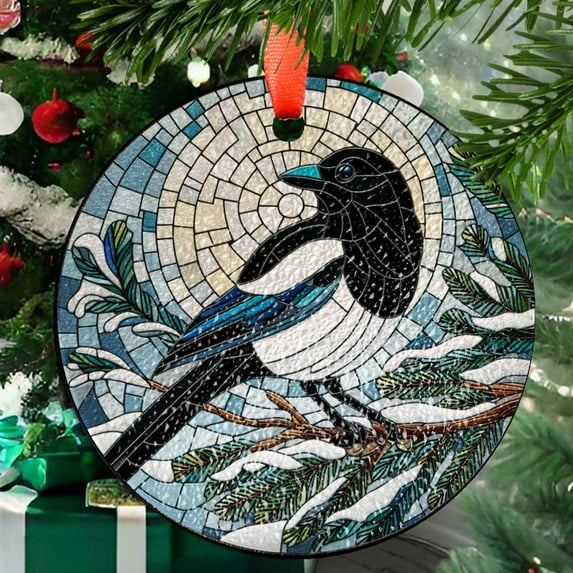 Magpie on pine tree branch GLASS Hanging, Bird Lover Decor, Bird Nerd, Christmas decor, Bird Suncatcher Decor, black white Magpie Decor, Ornament 2025, Holiday 2025, Seasonal