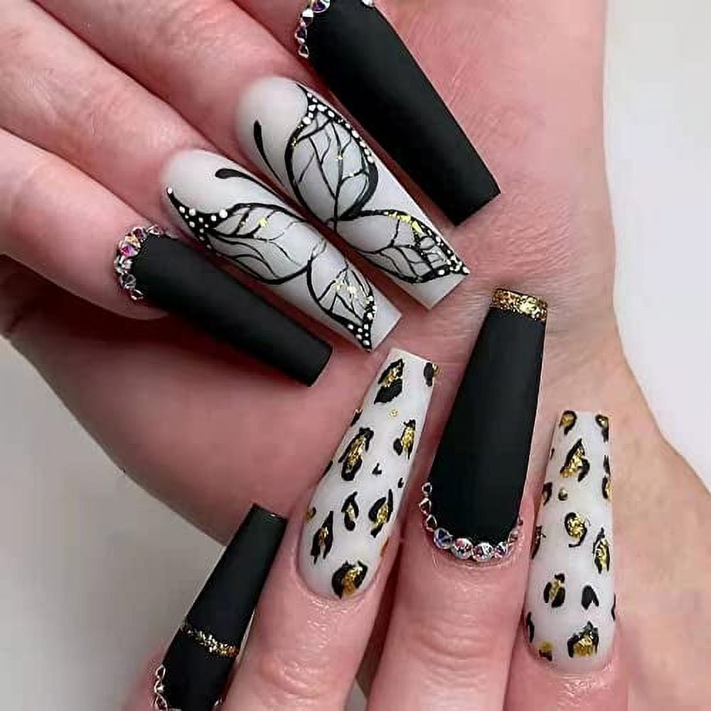 Magrace Fall Press on Nails Long Coffin Fake Nails with Designs Black ...