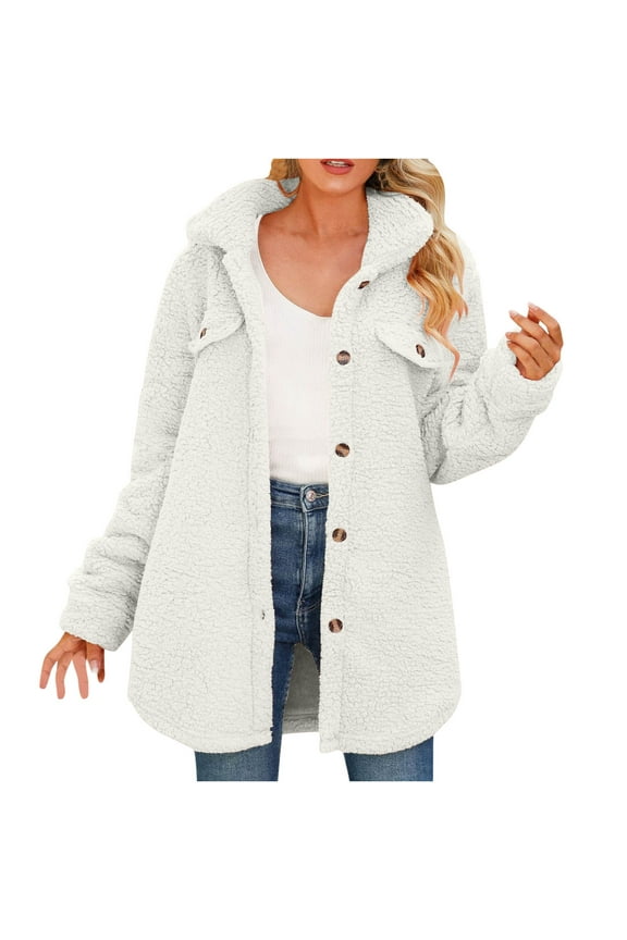 2025 Womens Fleece Zip Up Jacket with Pockets Fashion Oversized Long Sherpa Hoodie Fuzzy Lapel Button Down Jackets Coat Warm Teddy Coat Winter Outerwear White XL