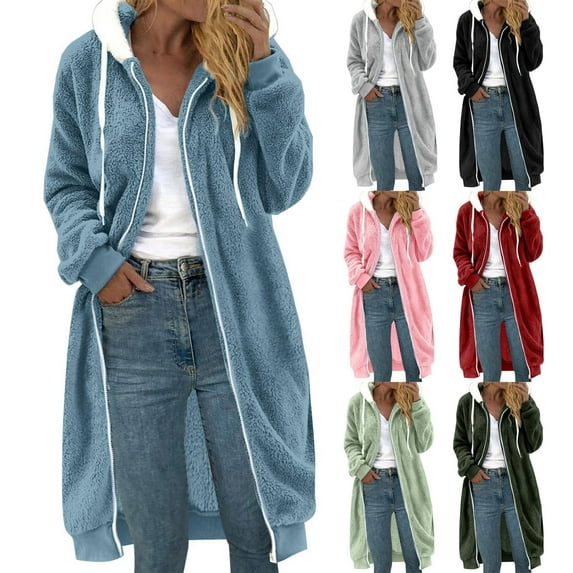 Magroz Winter Coats for Women Long Faux Shearling Coat 2025 Plus Size Fleece Jacket Trendy Double-Side Plush Zipper Coat Fluffy Hoodie Fuzzy Fleece Warm Outerwear Zip Up Fuzzy Cardigan Blue L