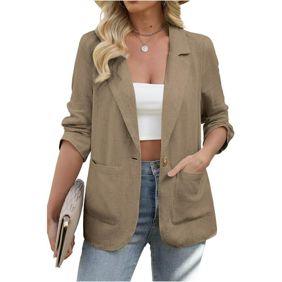 Magroz Womens Linen Blazer Casual Long Sleeve Lightweight One Button Jackets Lapel Fall Winter Suit with Pockets Half Lining Dressy Work Suit Coat Jackets Plus Size Office Clothes Coffee XL
