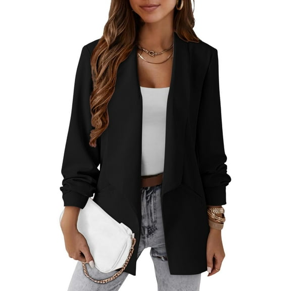 Magroz Womens Linen Blazer Stretchy Ruched Sleeves Casual Long Sleeve Lightweight Lapel Open Front Jackets Suit 2025 Casual Work Jacket with Pockets Half Lining Office Black XL