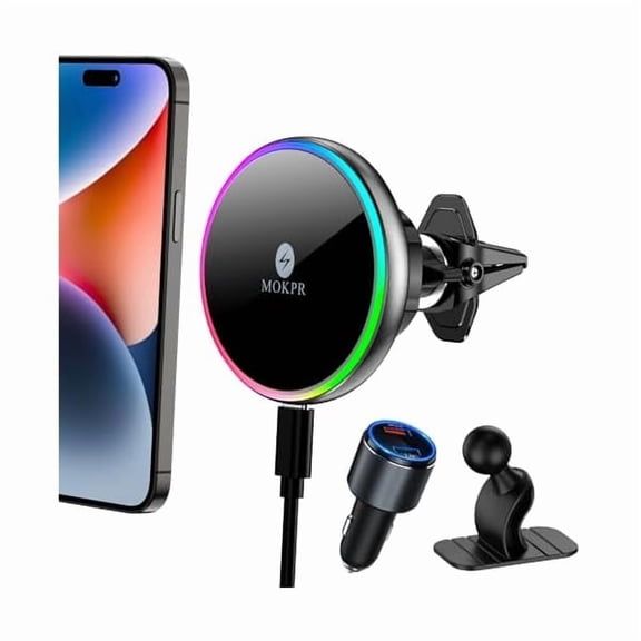 for Magsafe Car Mount Charger-Wireless Car Charger-Magnetic Car Phone Holder for Dash Air Vent-LED RGB HandsFree Car Mount Fast Car Charger for iPhone 16 15/14/13/12 Series with QC 3.0 Adapter