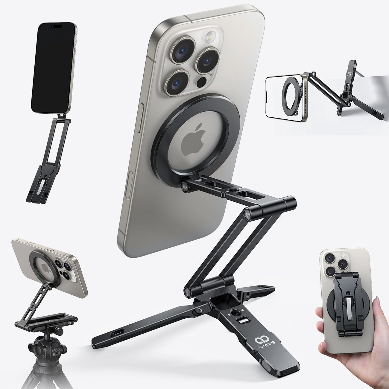 for Magsafe Tripod Stand - [Ultra-Compact] Aluminium Magnetic Phone Tripod for iPhone 17/16 Pro Max, Flexible Cell Phone Mount Gift with 1/4" Screw, Arca & Hook Accessories Women Men Black